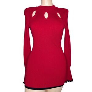 Red Knit Cutout Knit Top Women Small Y2K Coquette Vamp Bell Sleeve Going Out 90s
